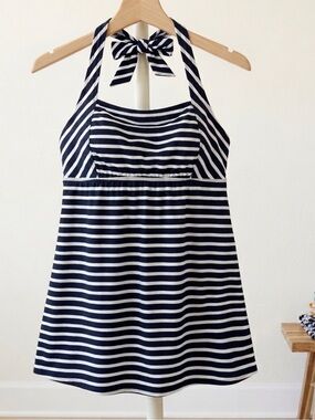 Lands' End 14P Navy White Stripe Halter Swim Dress Tankini Underwire BuiltIn Bra